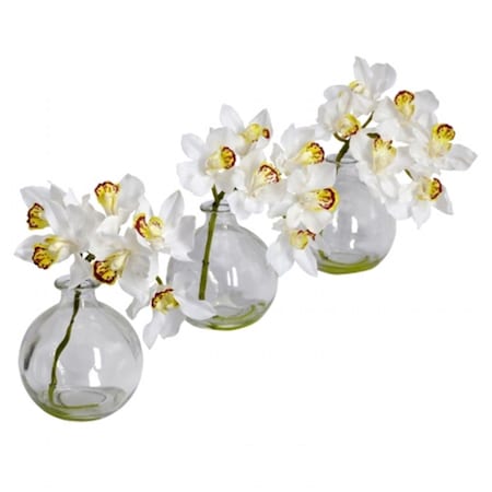 Nearly Natural Cymbidium with Vase Silk Flower Arrangement -Set of 3, 3PK 4797